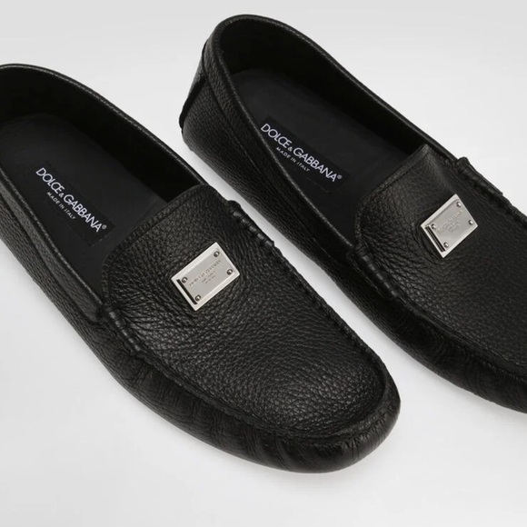 Dolce & Gabbana Black Leather Slip-On Loafers with Metallic Detail